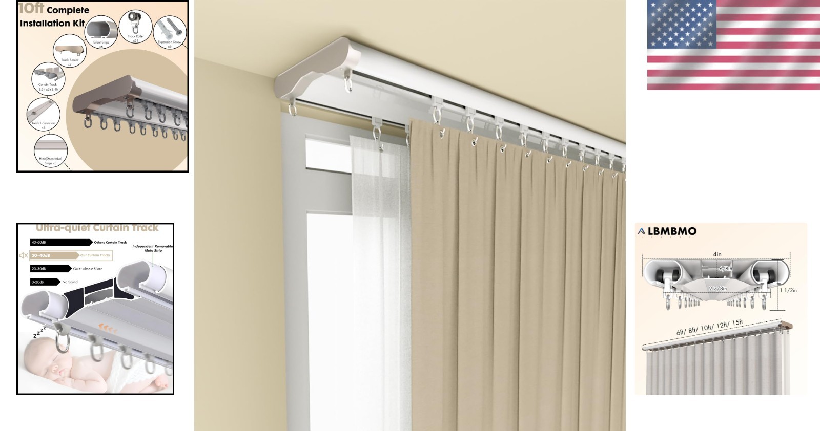Curtain Track Ceiling Mount Ultra-Quiet Aluminum Rail 10ft Wide Heavy Duty