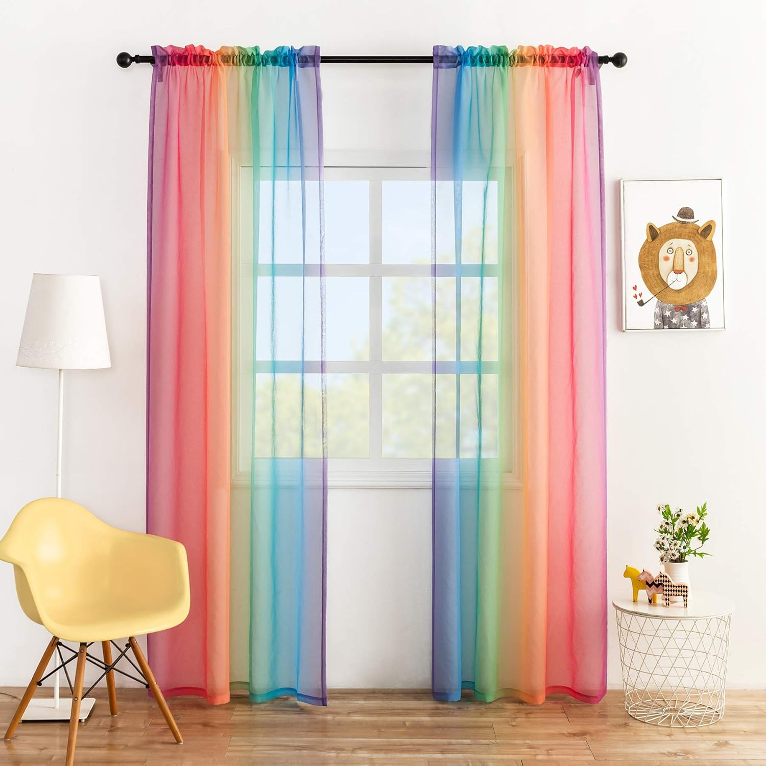 Rainbow Sheer Curtains 54 Inches Long Ombre Colorful Faux Linen Texture 2 Panels