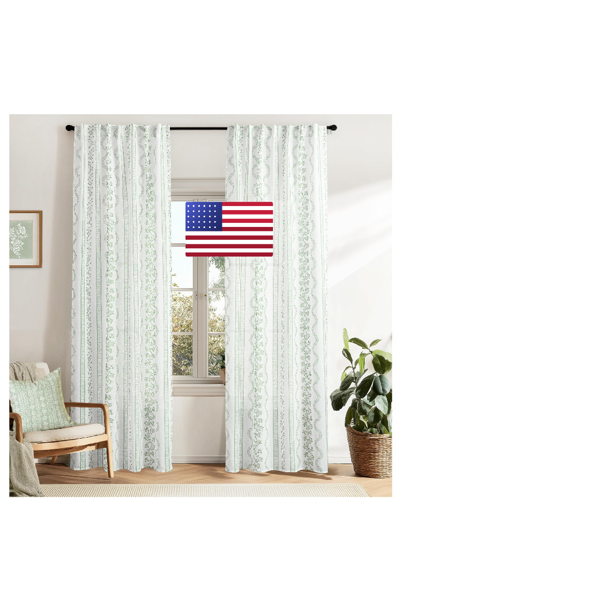 Lino Rosa Light Sage Green And White Vine Spring Curtains For Living Room