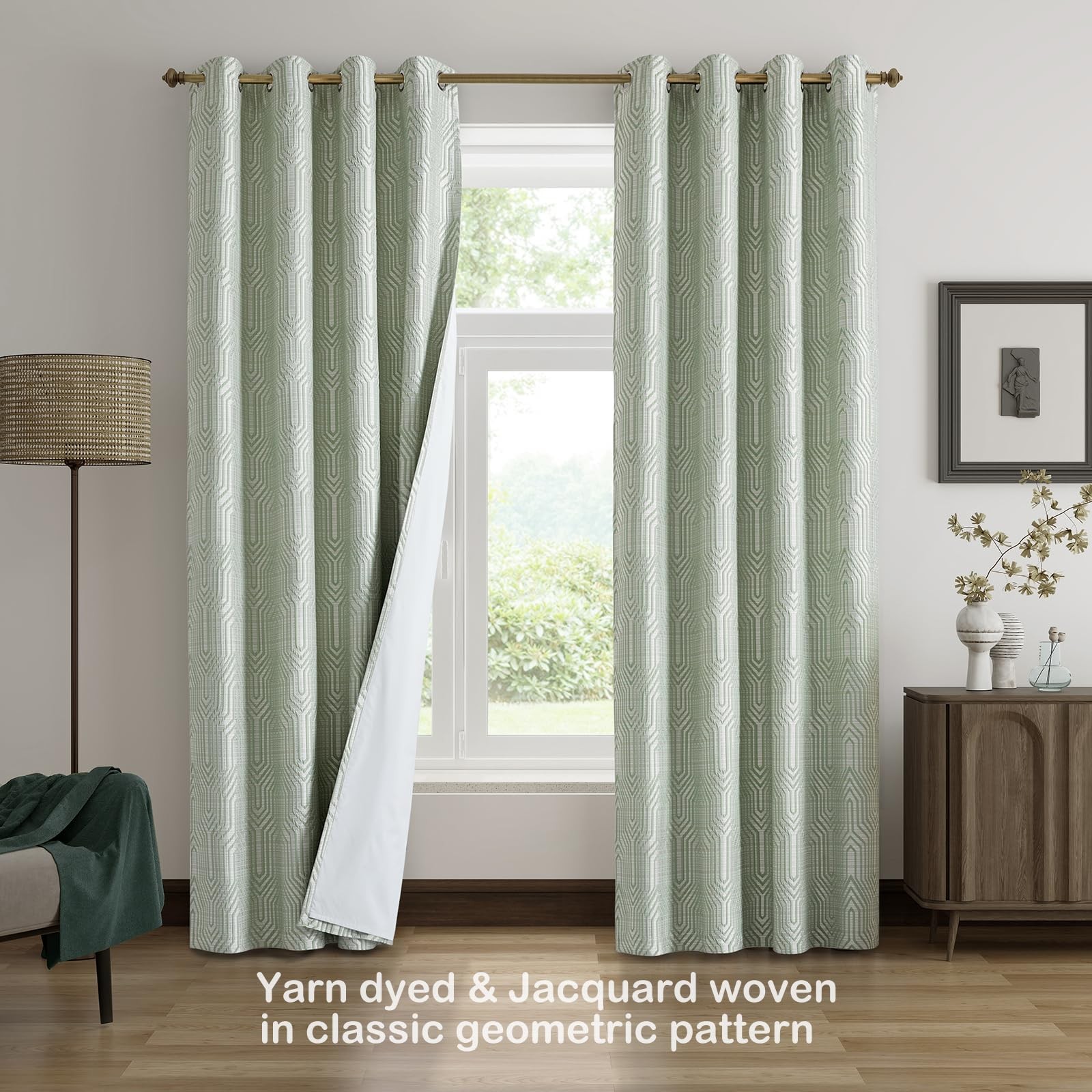 Drapexpert Mint Green And Silvery 100 Blackout Jacquard Geometric Pattern