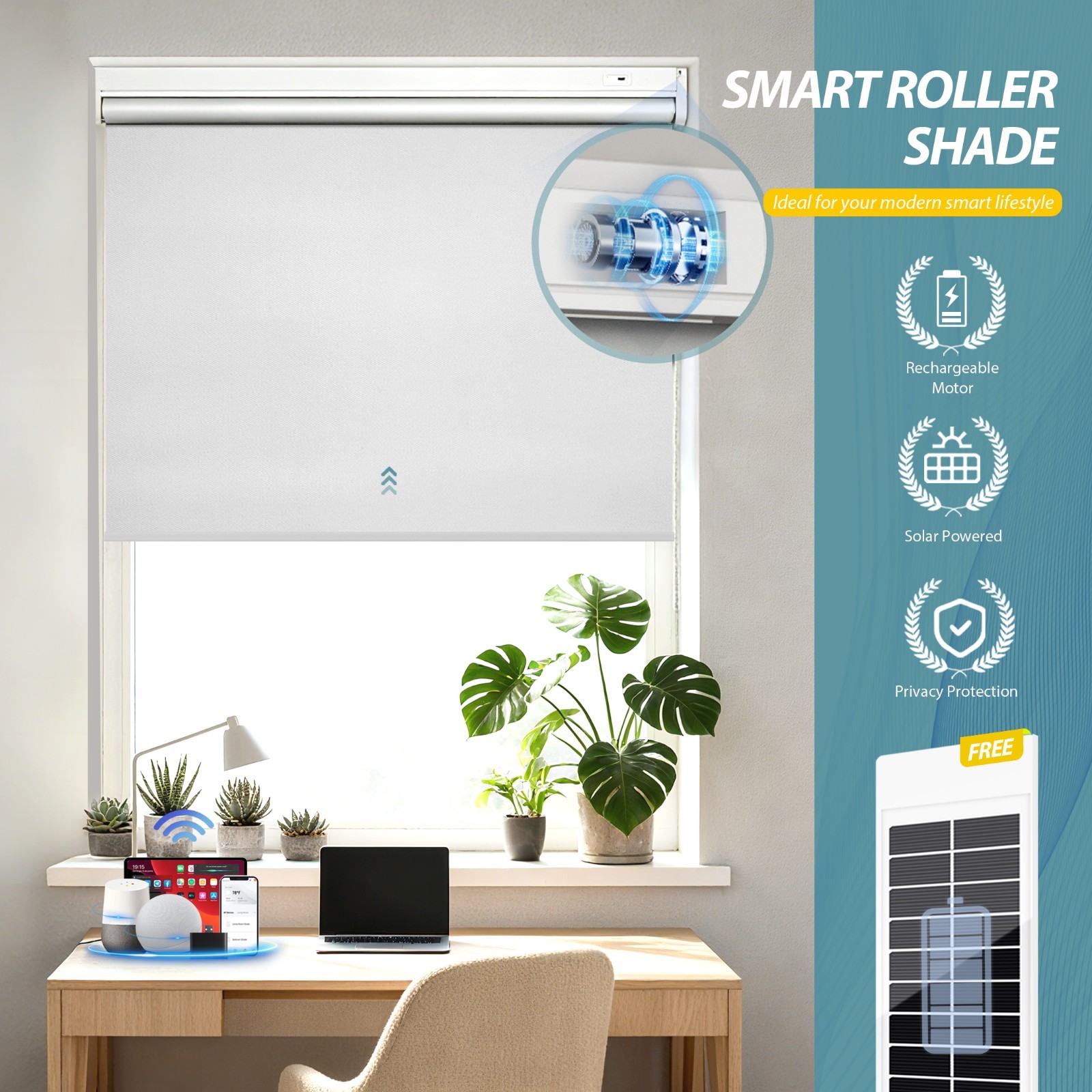 Motorized Roller Blinds with Remote Control【Solar Panel Included】total blackout