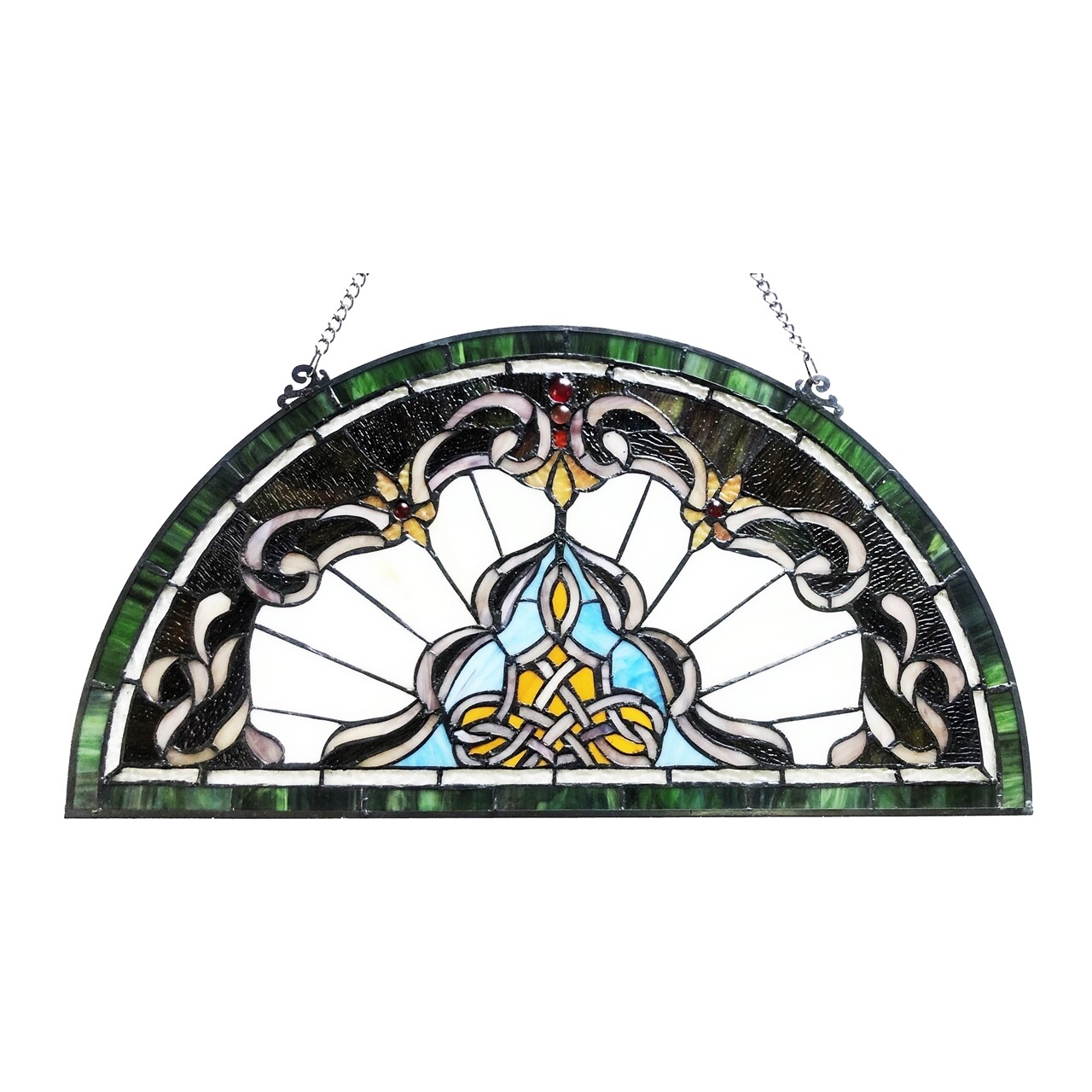 Stained Glass Window Panel Victorian 24″ Half Moon Tiffany Style ONE THIS PRICE