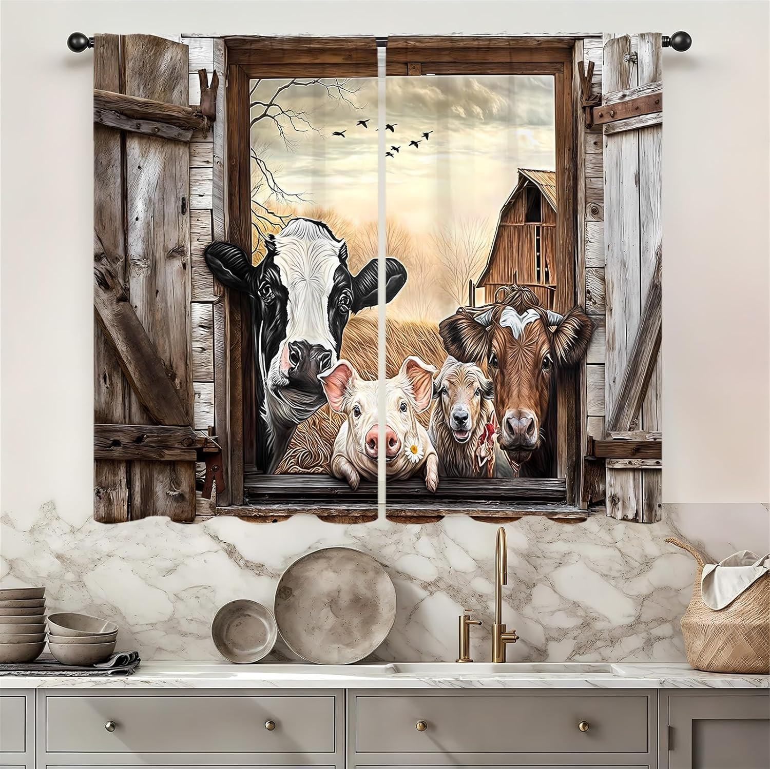 Farmhouse Cow Kitchen Curtain 27.5W X 39L Inch 2 Panel Rod Pocket Country Farm A
