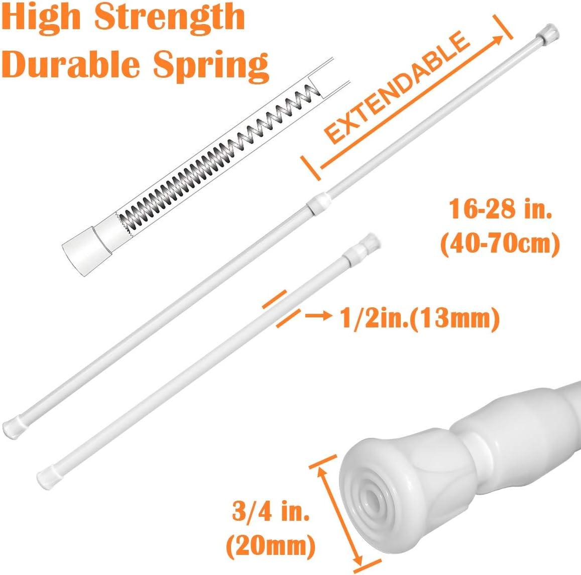 2 Pack Adjustable Spring Tension Rods 16-28 Inch, No Tools Curtain Rod, White