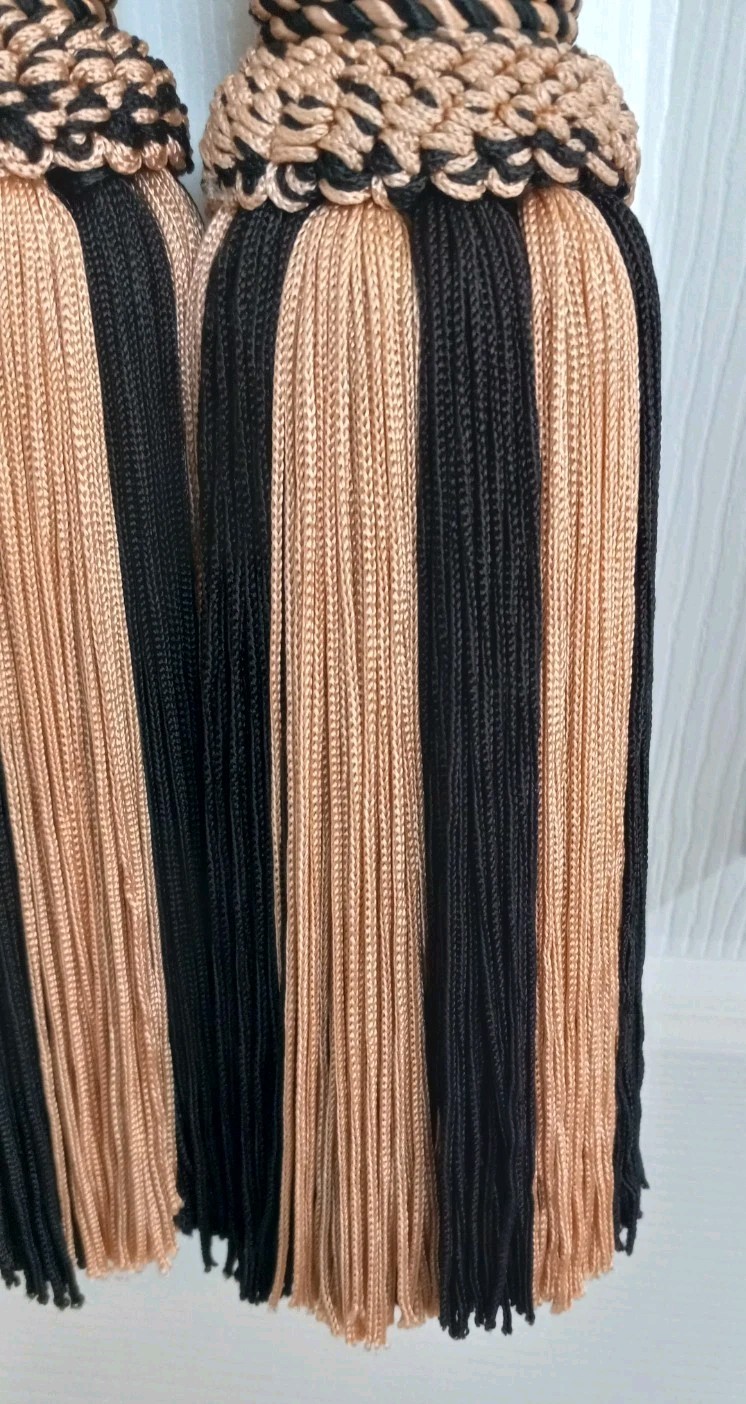 2 Large Heavy Twisted Rope Drapery Curtain Tie Backs Large Tassels Black & Gold