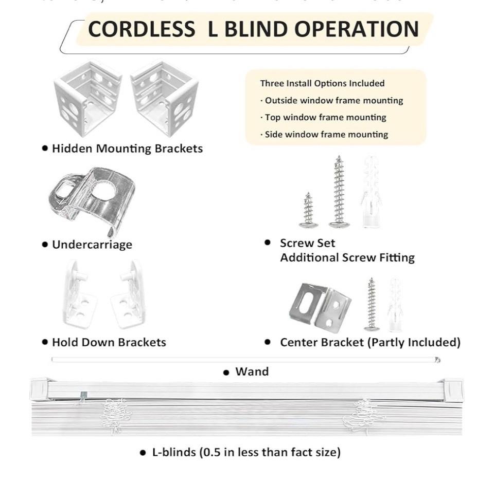 Cordless Vinyl Mini L Blinds 35″ W x 48”H, 1″ Slat White Horizontal Windows NEW