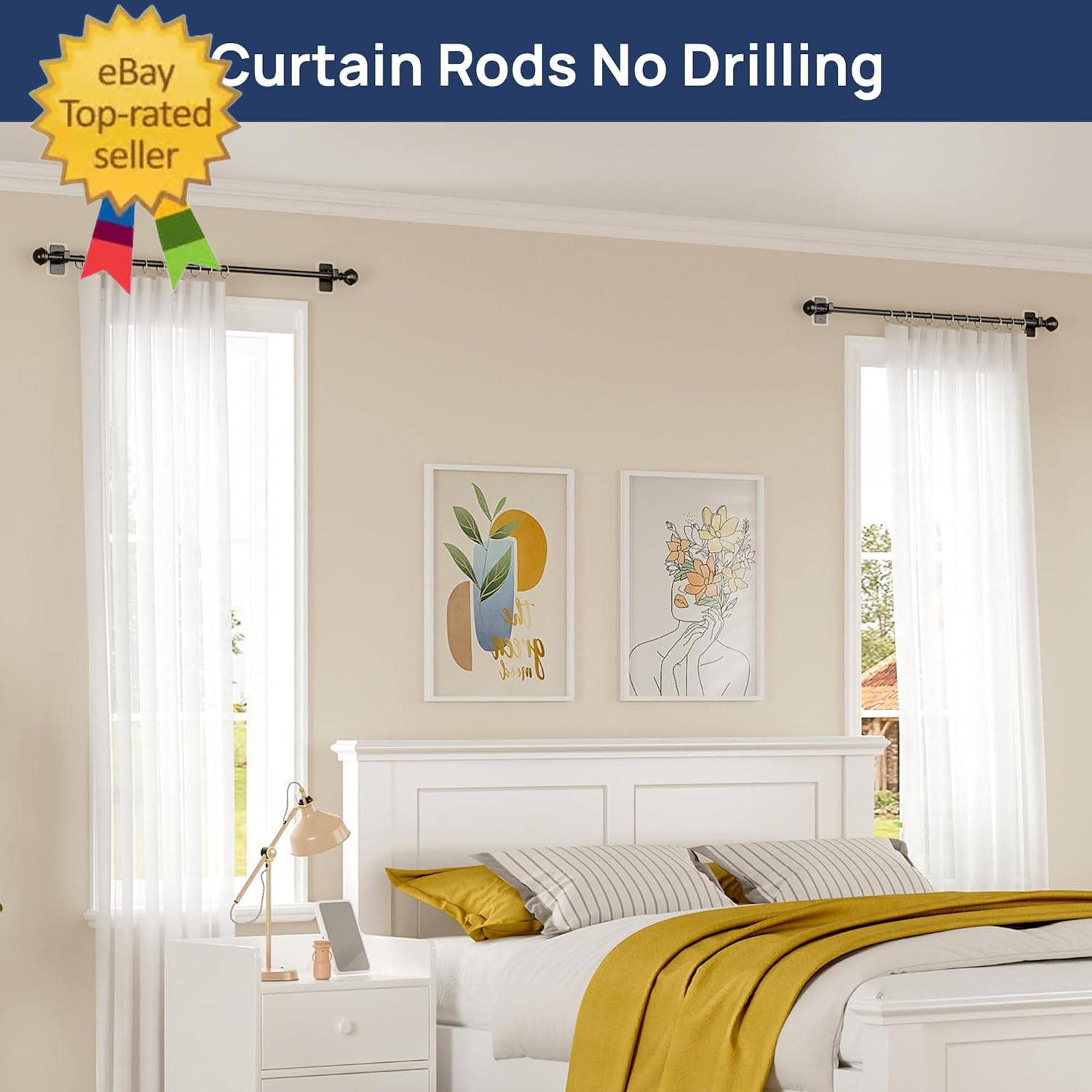 2 Pack No Drill Curtain Rods for Window 28 to 48 Inches,5/8 Inch Diameter Renter