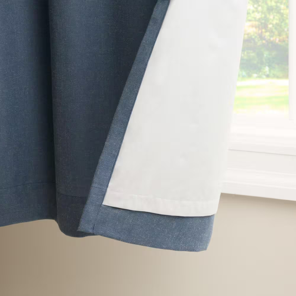 Arlo Solid Linen Texture 50 In. W X 96 In. L Polyester Blackout Navy Blue Curtai