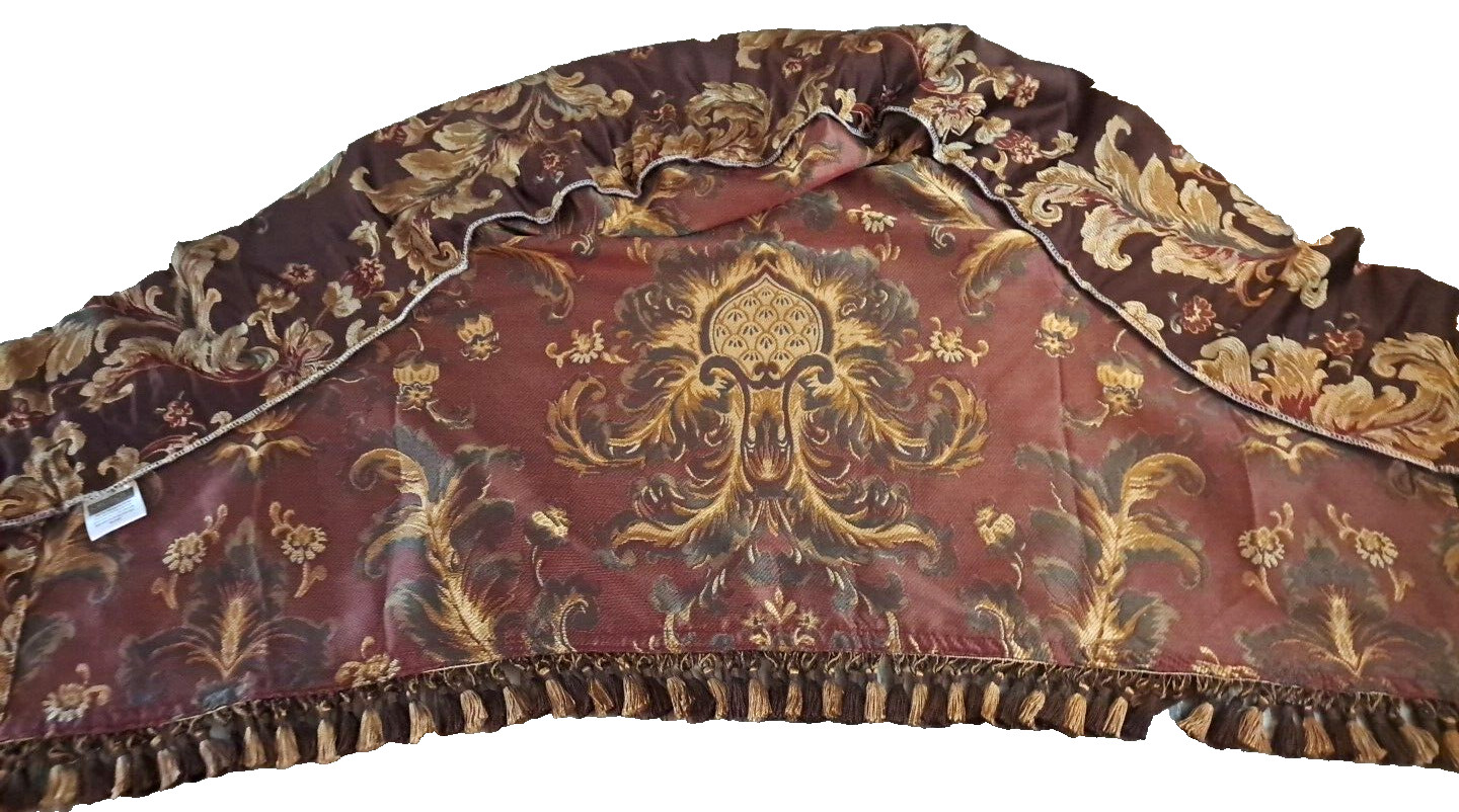 Croscill Curtain Valance Brown Gold Jacobean Tassels Curved Corner Elegant 50×23
