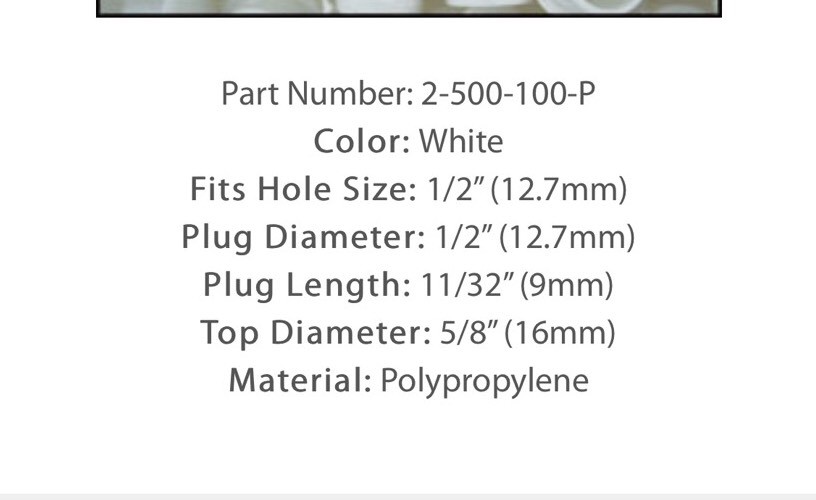 8 pack of 1/2 inch white hole plugs 2-500-100-P window frames, furniture vinyl