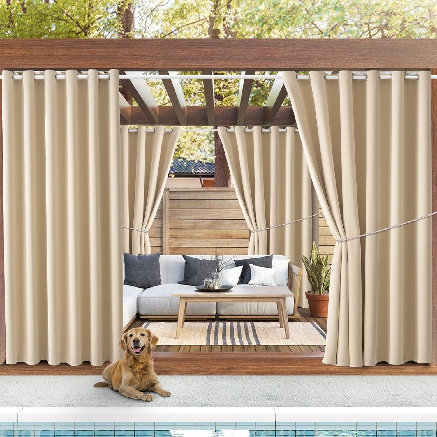 Beige Waterproof Outdoor Curtains – Sunlight Blocking Grommet Drapes (2 Panels)
