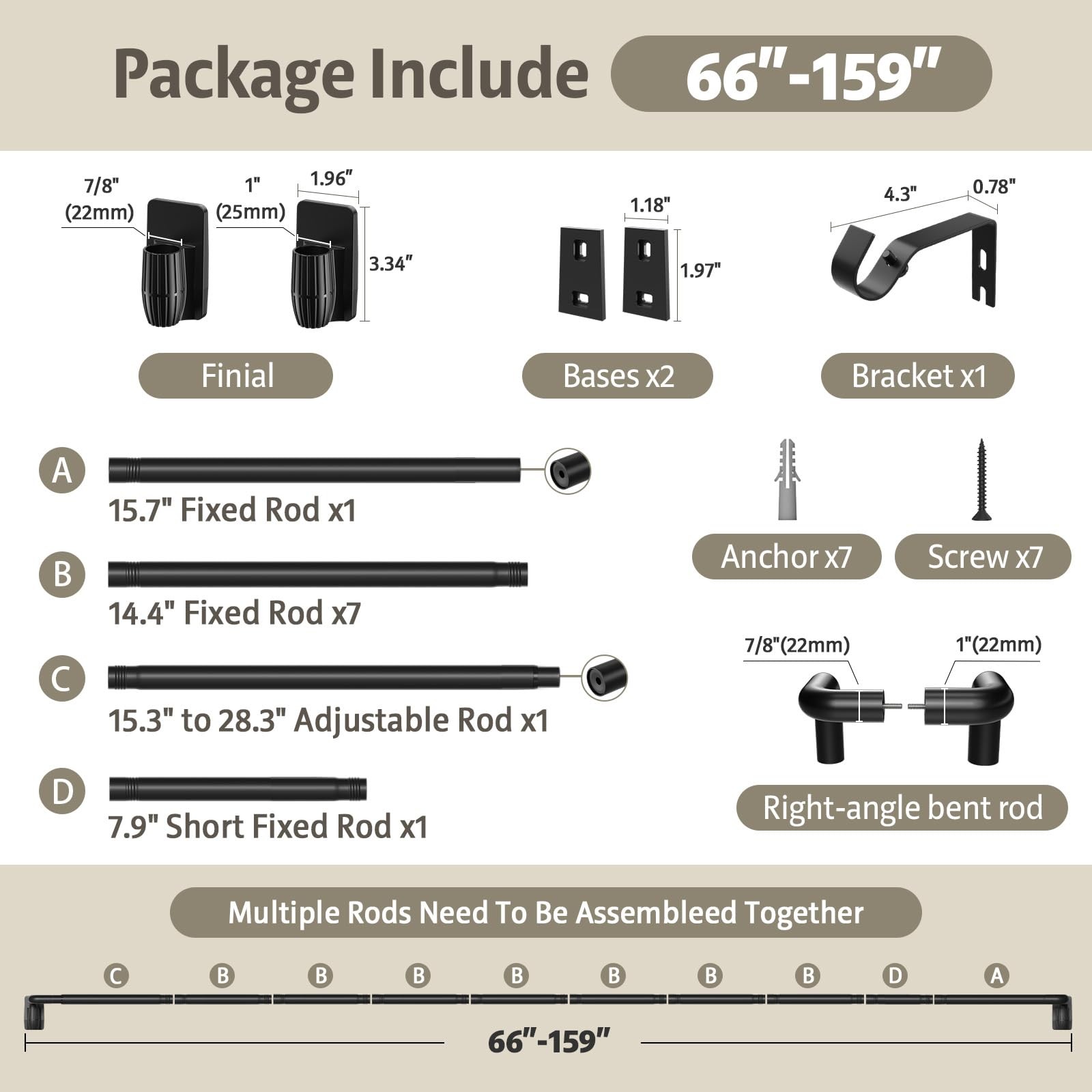 Matte Black 1 Inch Wrap Around Quick Release Blackout Curtain Rod 66 To 153 Inch
