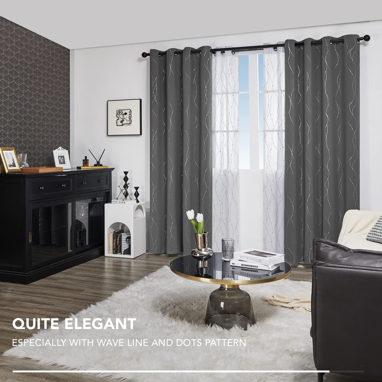 Blackout Curtains, Light Grey Thermal Grommet Drapes, Silver Wave Dots Foil P…