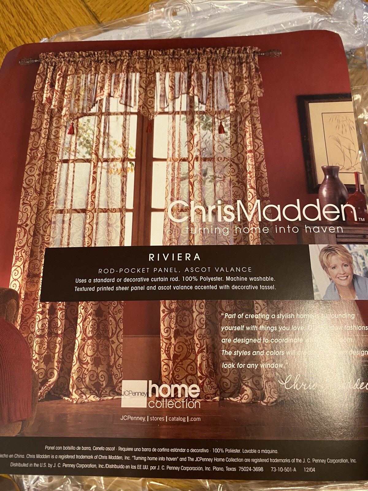 CHRIS MADDEN Home Collection VALANCE Sheer ASCOT w Tassel Beige Burgundy