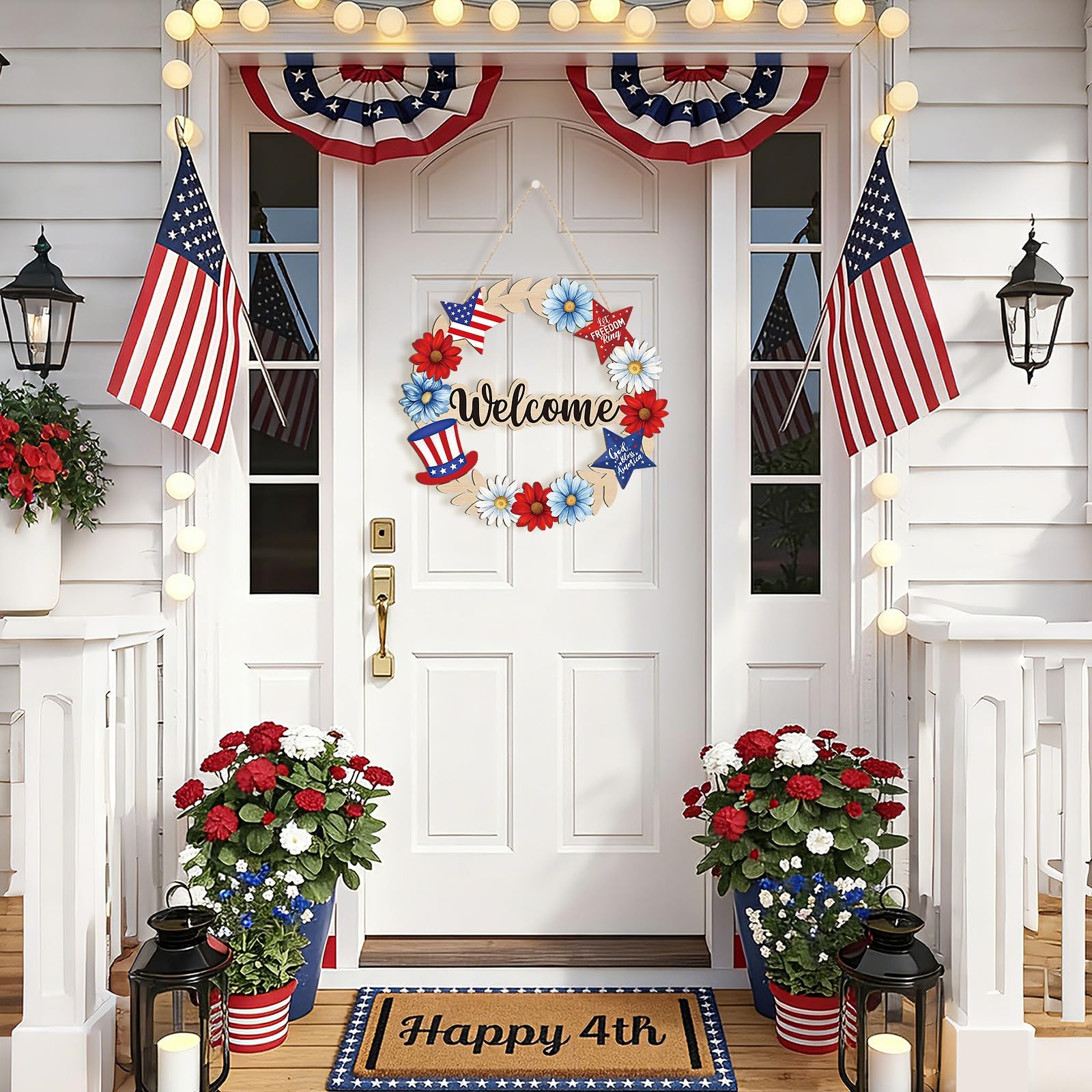 Wooden 4th of July Decoration Door Wreath for Front Door Sign Star Wall Signs,In