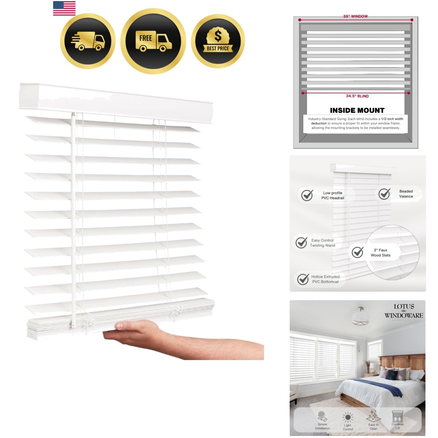 Cordless Faux Wood Blinds, 35″ Wide x 60″ Long, Smooth, Snow White, 2 Inch Ho…