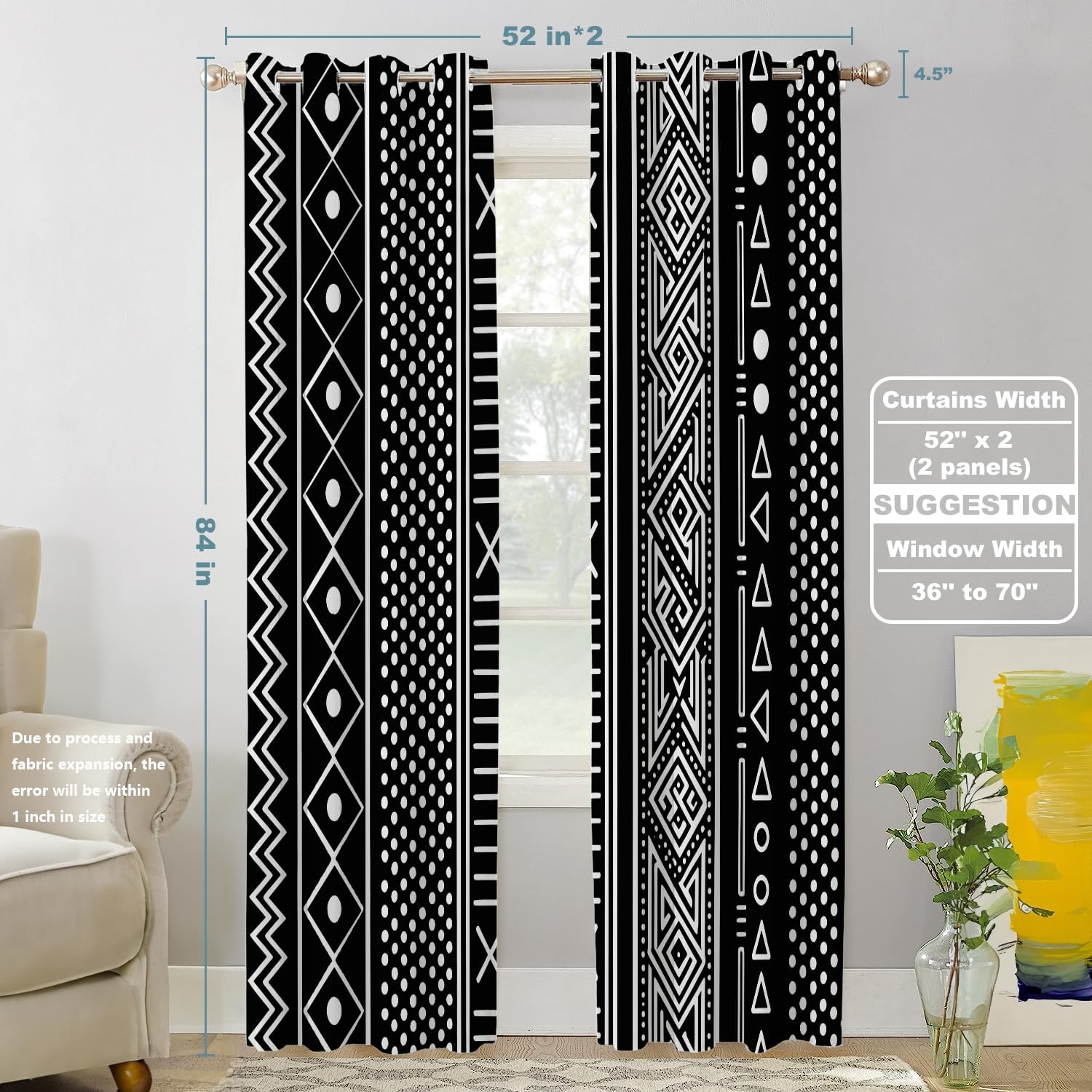 Traditional African Geometric Blackout Window Curtains, Black and White Triba…