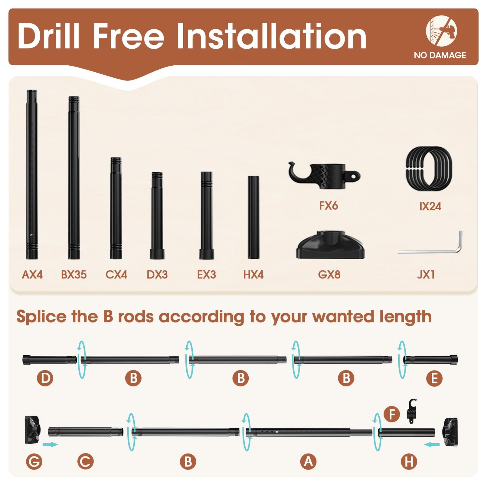 SUNALLY Room Divider Curtain Rod No Drill Adjustable 28-171in Black Stand