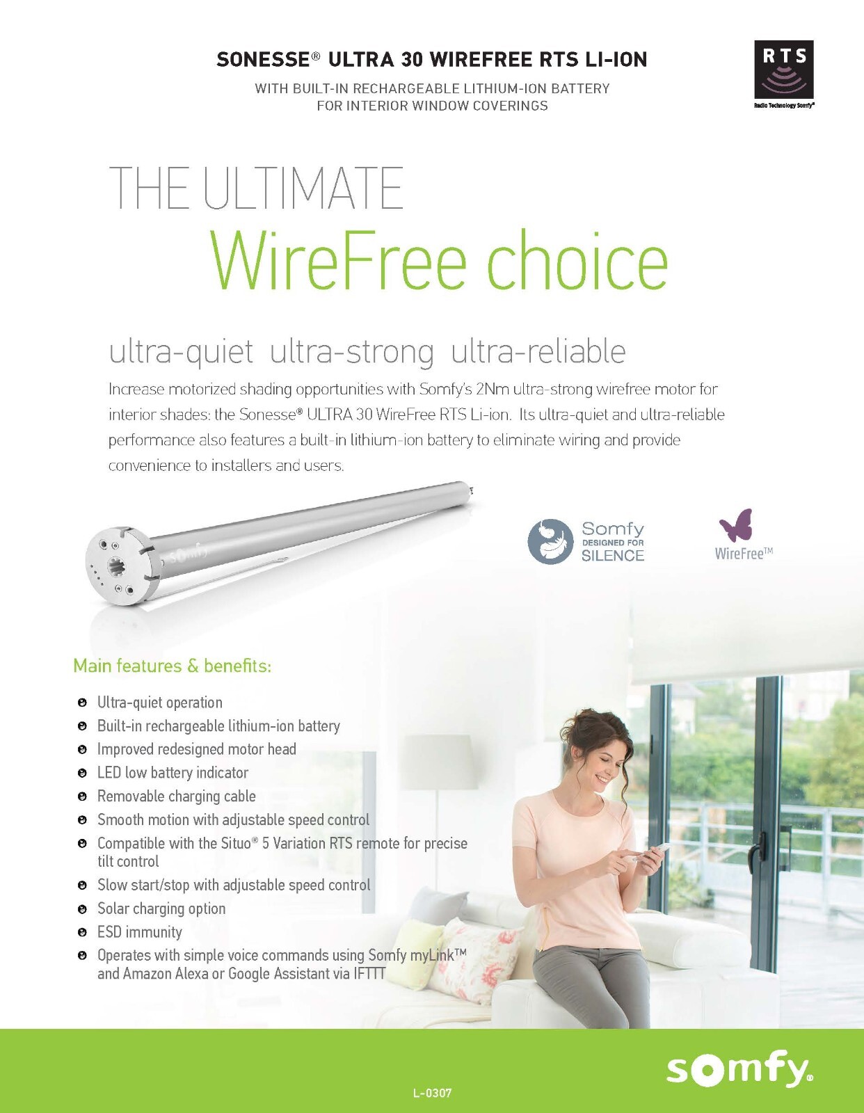 Somfy Sonesse Ultra 30 Wirefree 12-V Lithium-Ion RTS Shade Motor 1003310