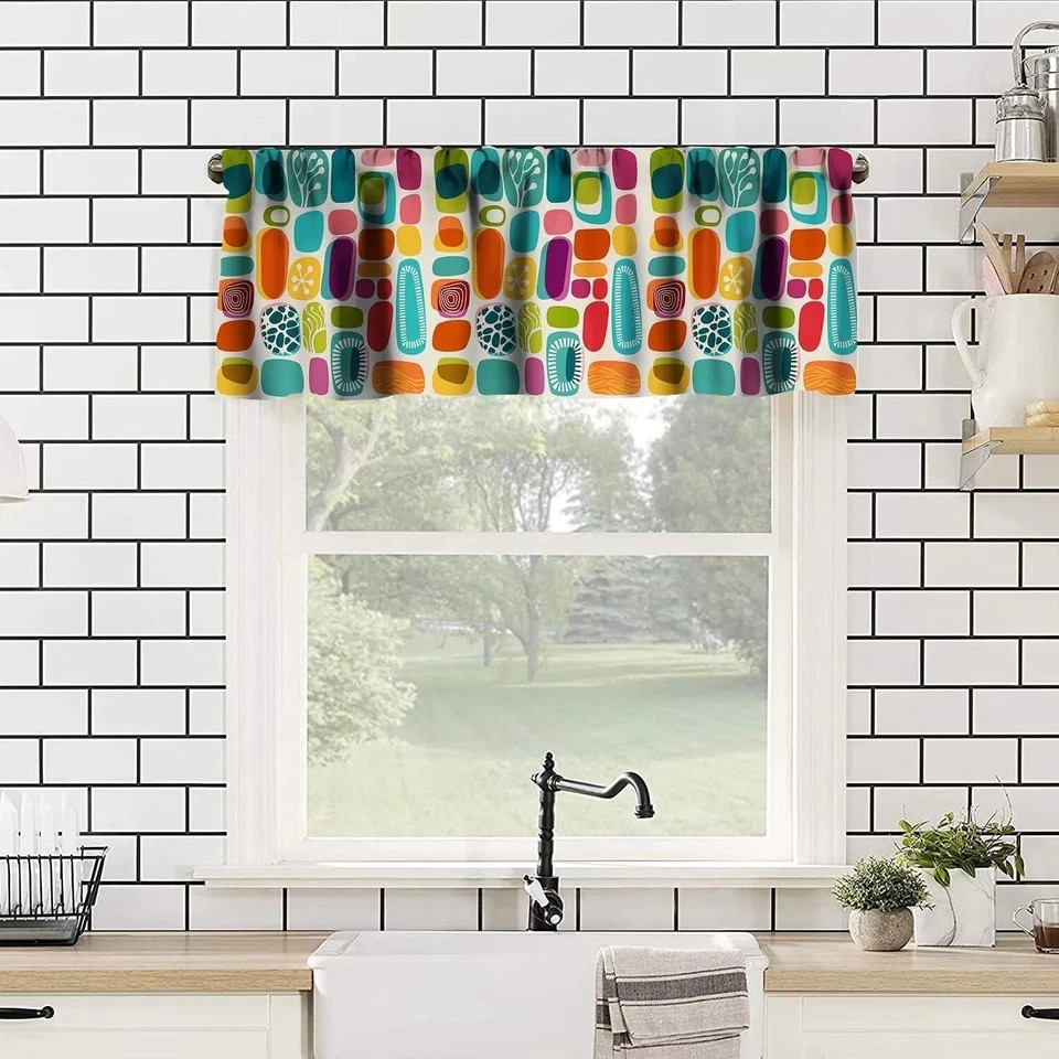Mid Century Valance Curtain Colorful Rectangle Bohemia Abstract Geometry Wind…