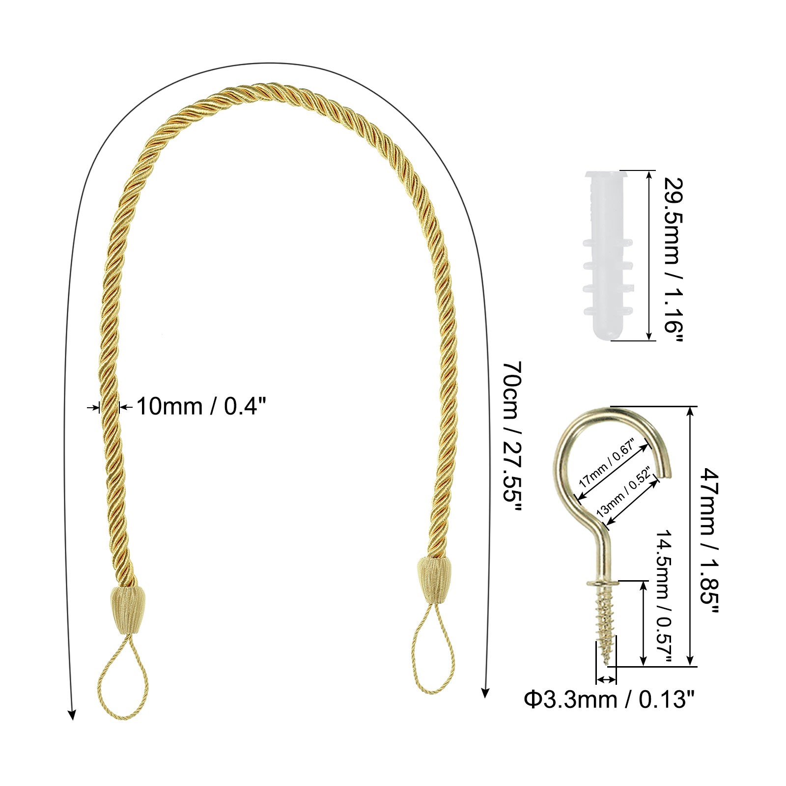 2pcs Curtain Tiebacks Ropes with Hooks Bolts Gold Yellow