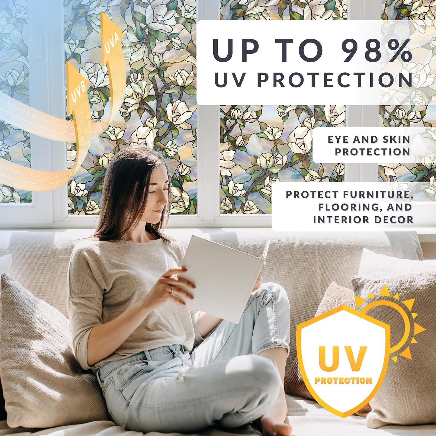 Star Magnolia Privacy Window Film W/ Vibrant Colored Pattern Non-Adhesive & UV