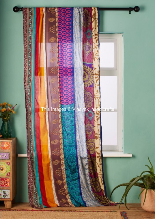 2 Pcs Indian Sari Patchwork Curtain Drape Window Decor Multi Silk Sari Curtain