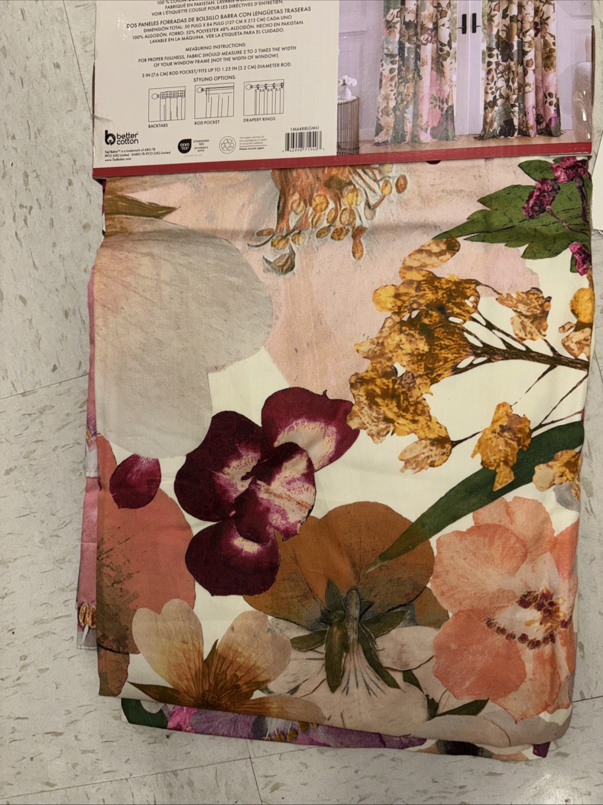 TED BAKER 2 PC PINK FLOWER FLORAL MOD LINED PANEL Window Curtain 50” X 84”