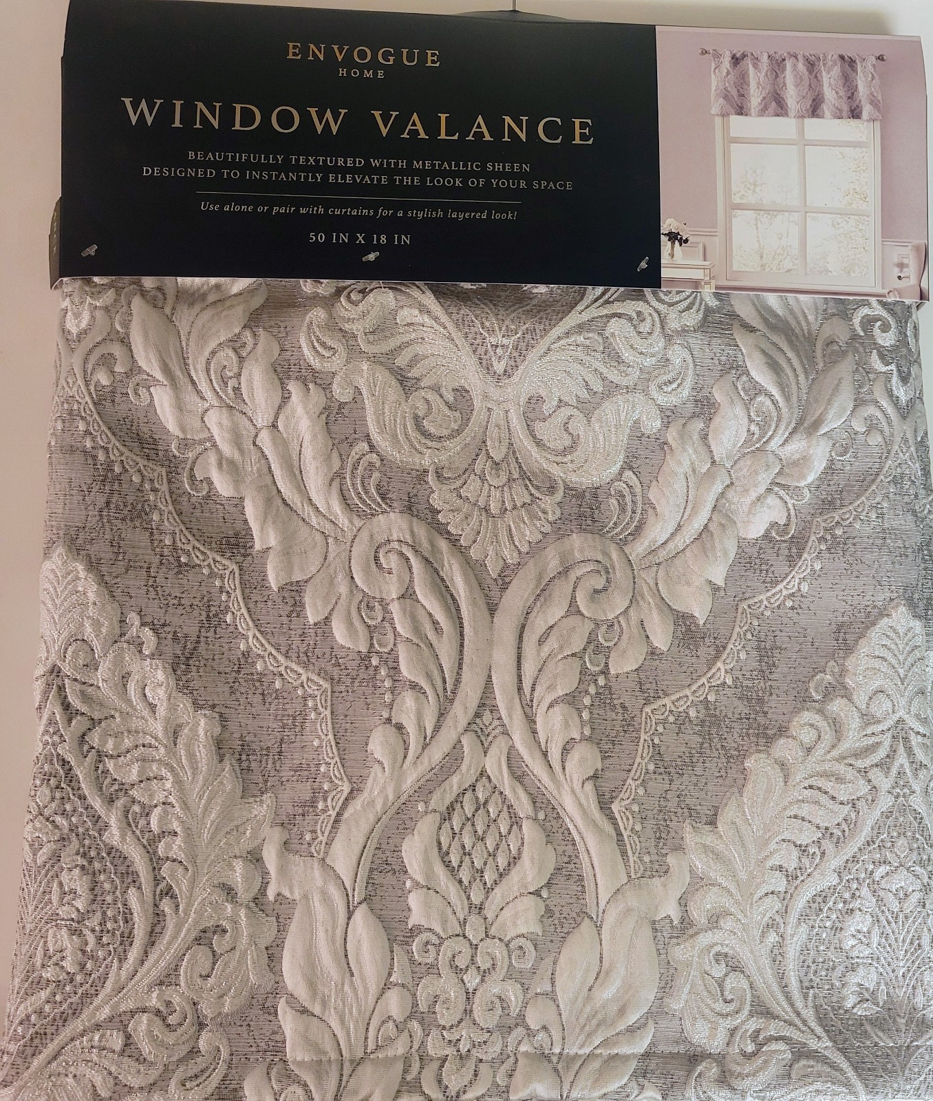 Envogue Window Valance Silver Gray Textured Metallic Sheen 50” x 18” Medallion