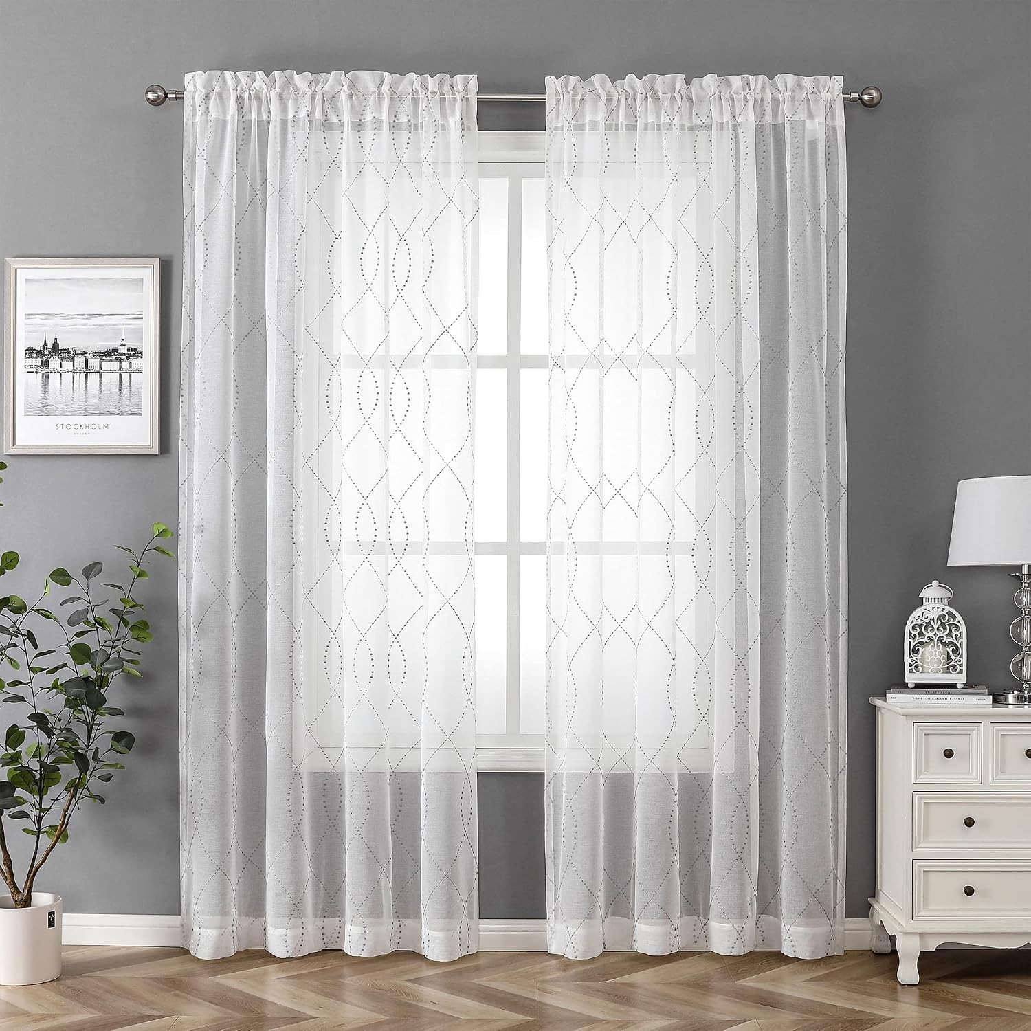 White Sheer Curtains Grey Dots Moroccan Embroidered 84 Inches