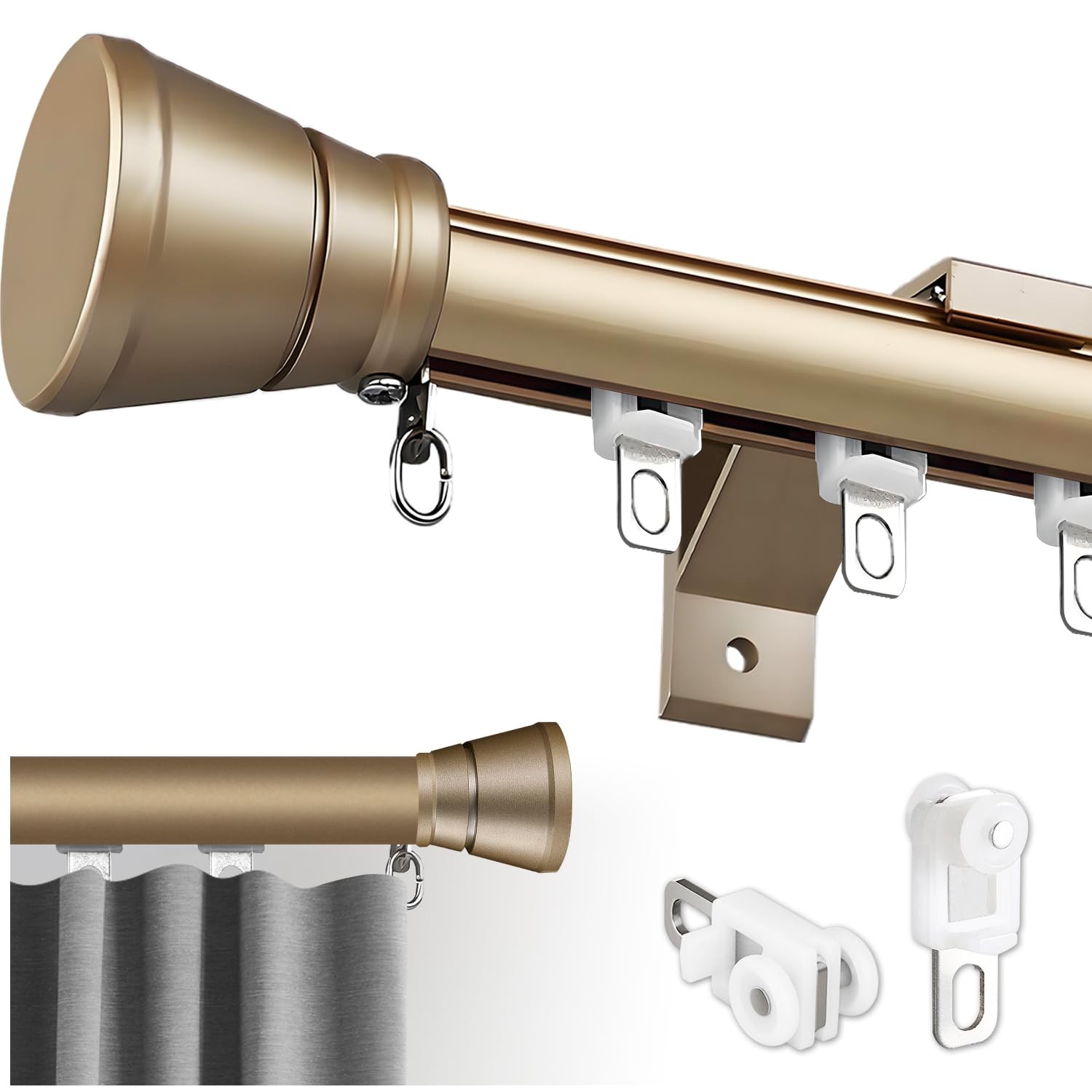 1m/3.3ft Wall Mount Single Curtain Track Heavy Duty Aluminum Rail Wheels Gold