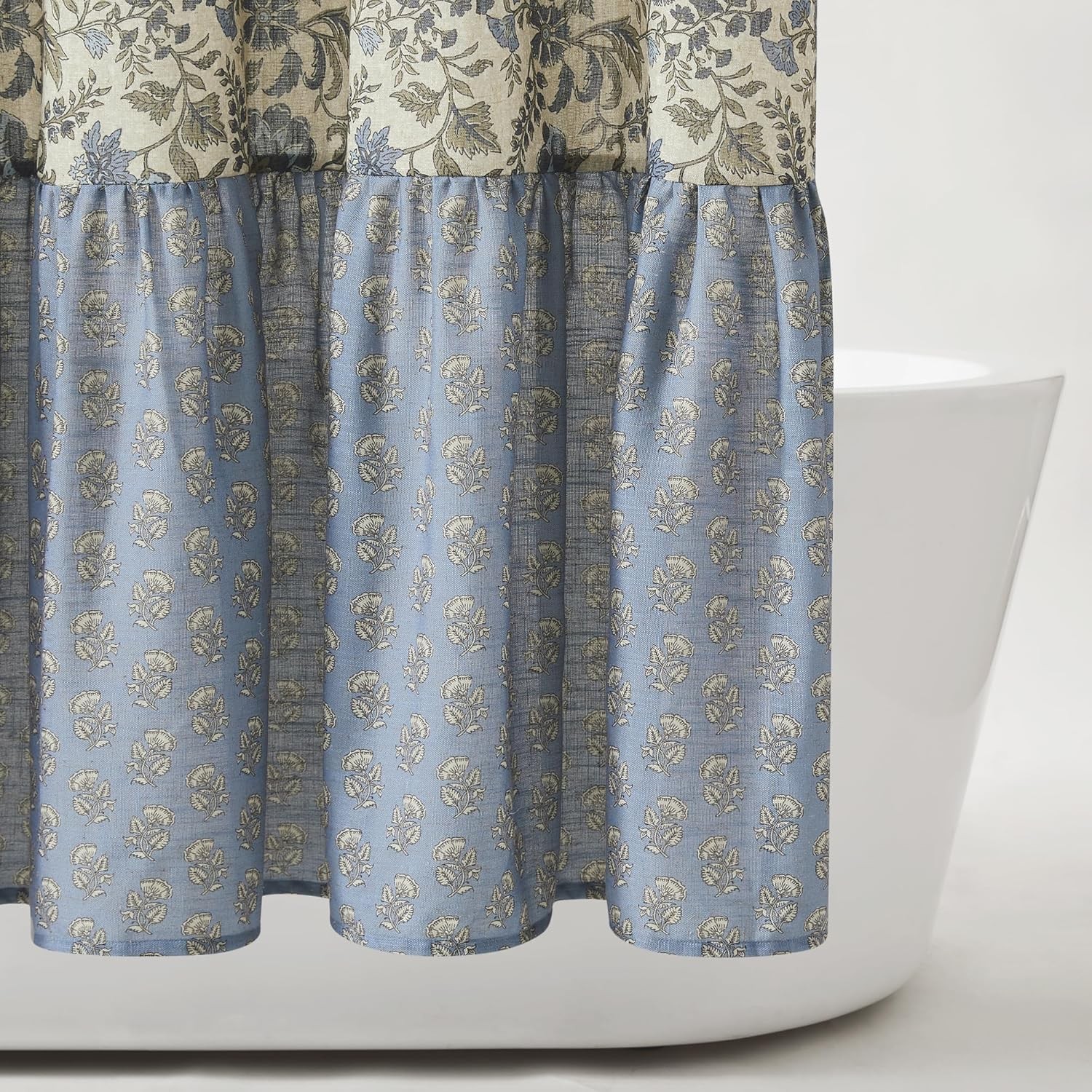 Lillian Block Print Linen Textured Shower Curtain Single 72″ W x 72″ L Blue &