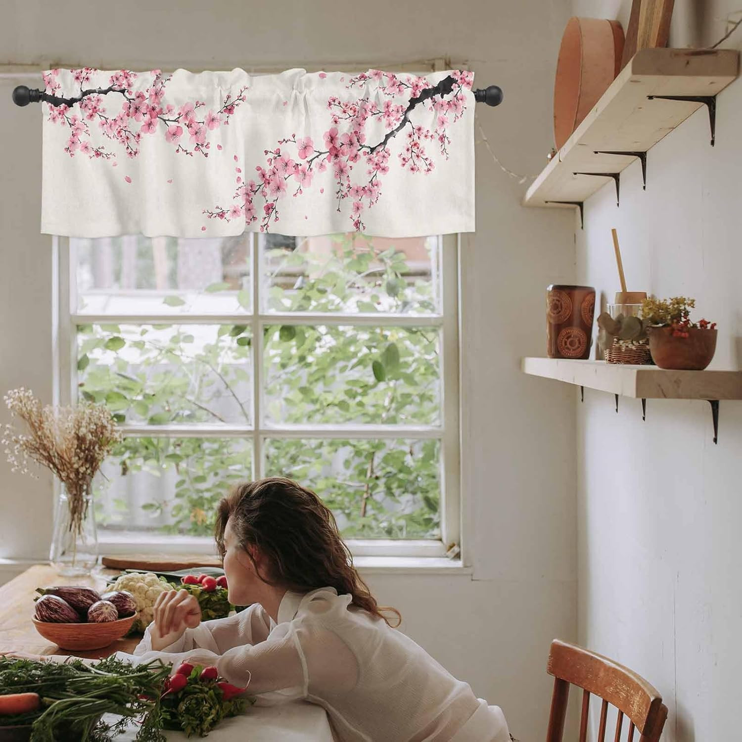 Cherry Blossom Curtain Valance for Windows/Living Room/Kitchen/Bathroom/Farmhous