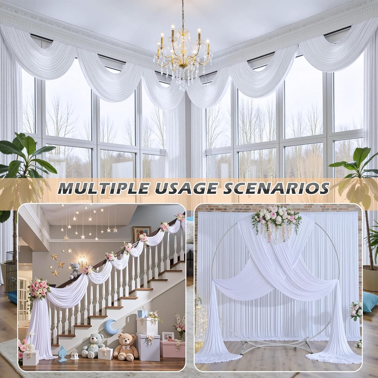 50ft×20ft White Ceiling Curtain Drapes for Weddings Parties, Wrinkle Free Polyes