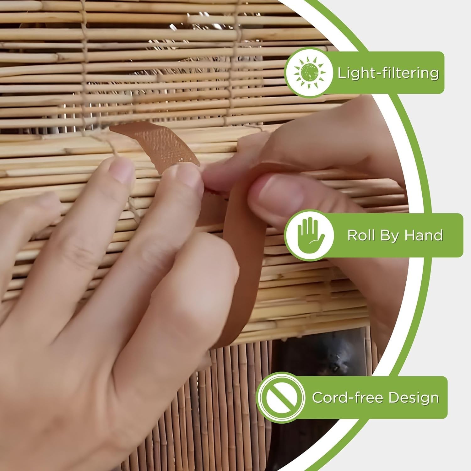 Light-Filtering Cord-Free Bamboo Reed Roll-Up Blind Shades for Windows Manual…