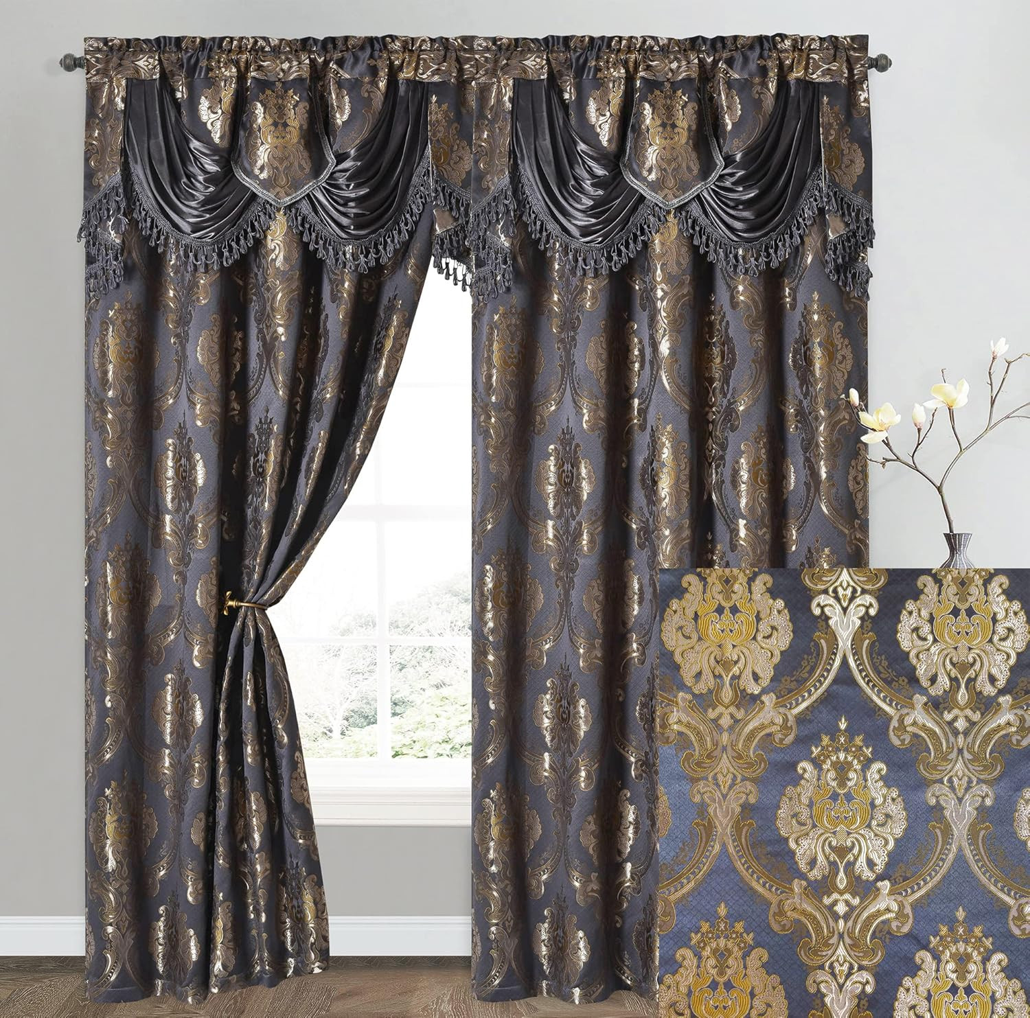 GOHD Luxe LoveJacquard Window Curtain Panel Drape with Attached Fancy Valance 2P