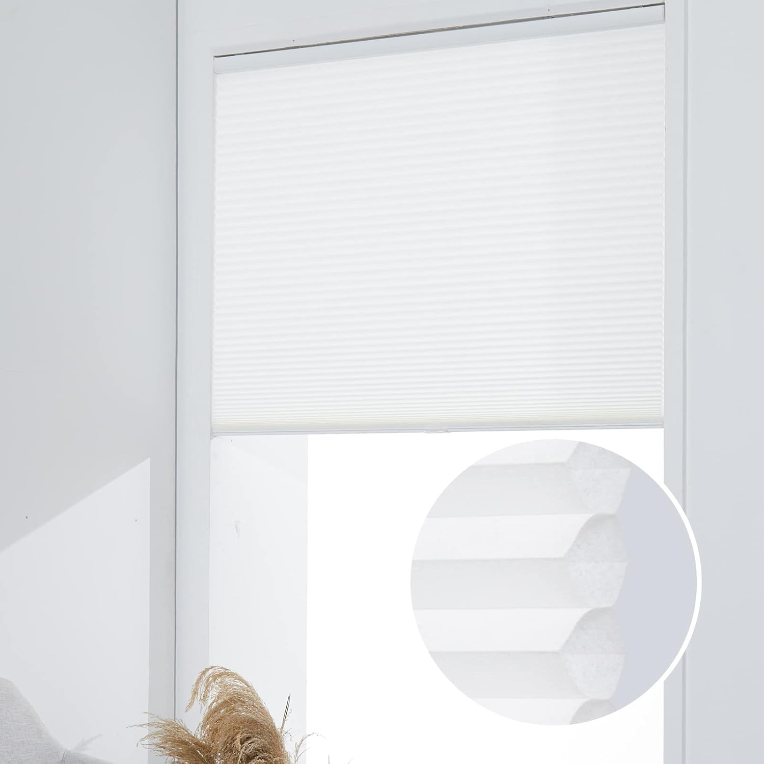 Persilux Cellular Window Shades, Honeycomb Cordless Blinds (White 34″ W x 72″ H)