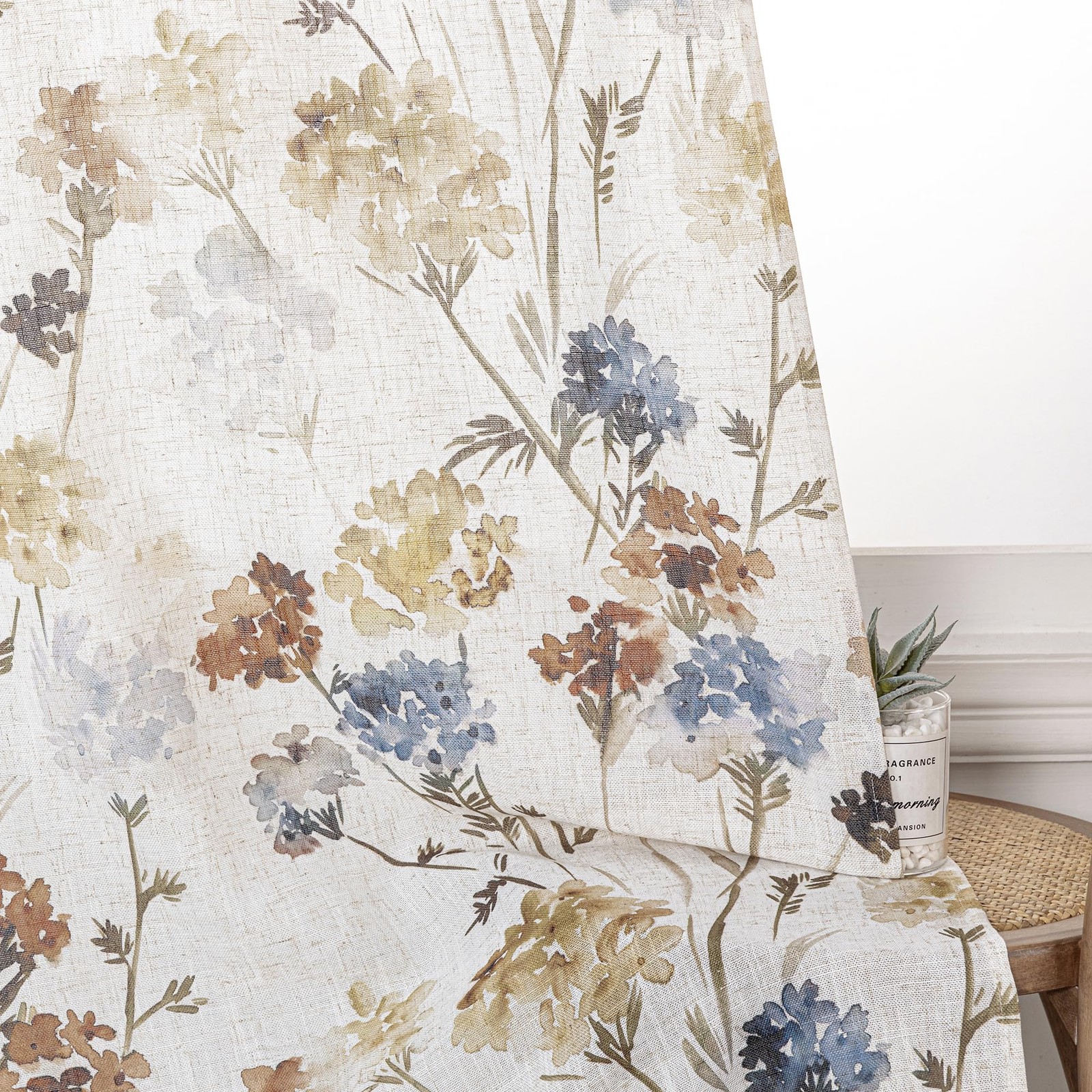 Linen Floral Curtains & Drapes 63 Inch Long 2 Panels Semi Sheer Light Filtering
