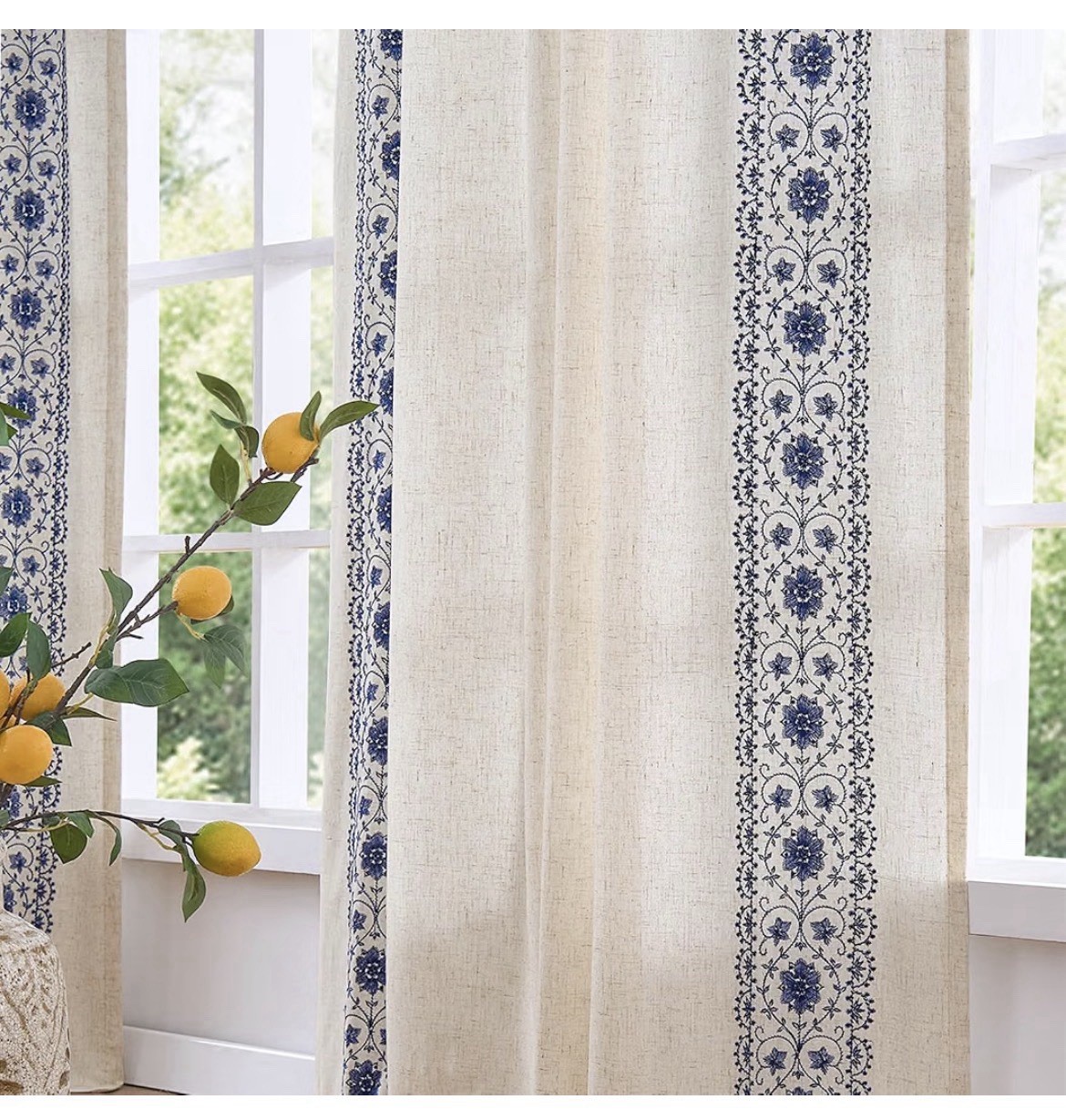 Floral Linen Curtains w Lining Back Tab 50x84in 2 Panels Blue Light filtering