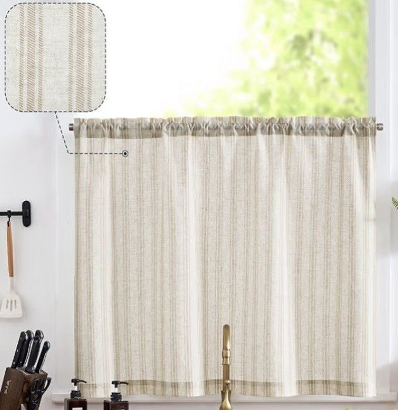 Jinchan Linen Kitchen Curtains 36 Inch Length Striped Tier Curtain 1 Panel