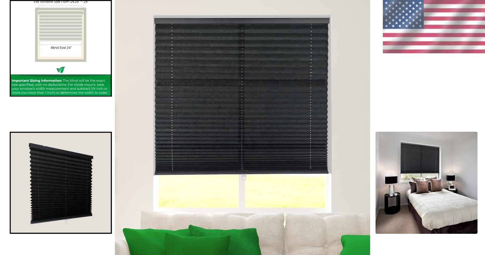 Window Shade 24×72 Cordless Pleated Fabric Light Filtering Black Polyester