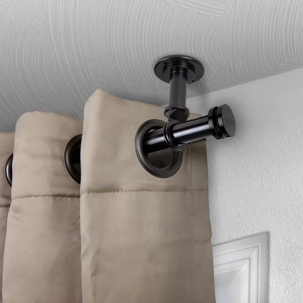 Bun Ceiling 66 In. – 120 In. Single Curtain Rod in Black with Finial