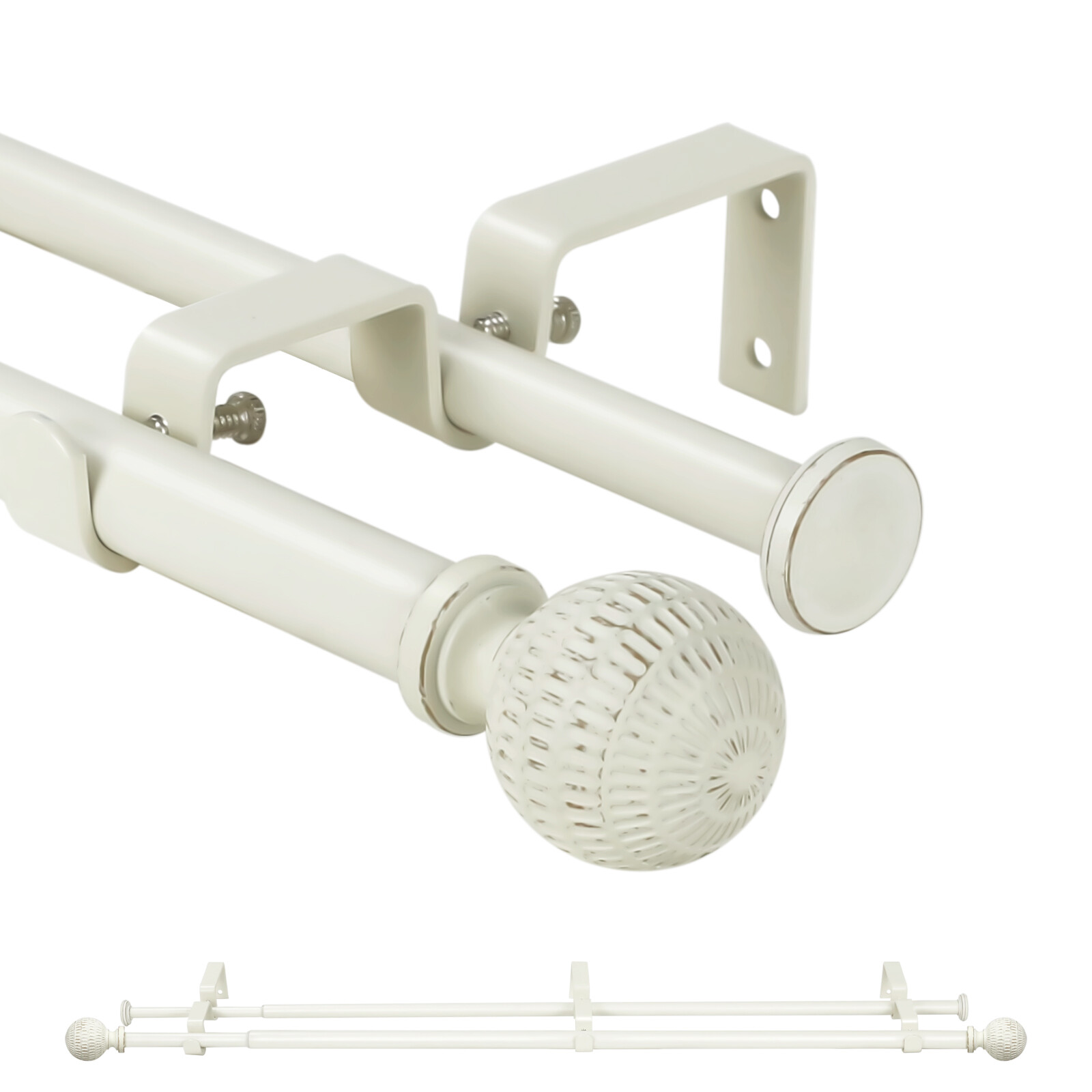 5/8″ Telescoping Double Curtain Rods with Reticulated Ball Finials, 28″-120″