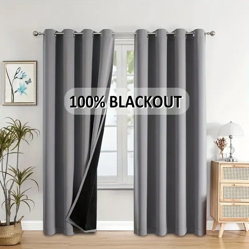 Pair of Blackout Curtains Eyelet Ring Top Ready Made Thick Thermal Curtain Set