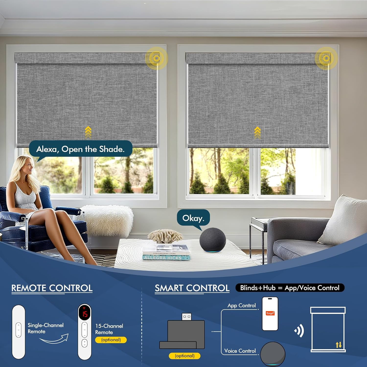 Smart Motorized Blackout Blinds with Remote & Solar Panel, Grey 34×72
