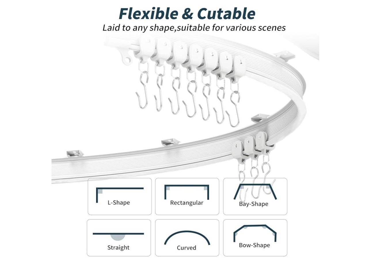 Flexible Bendable Ceiling Curtain Track, 9.8ft (3m) Curved, PVC, Metal