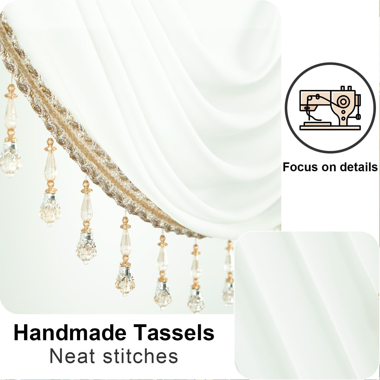 Charming White Sheer Waterfall Valance Curtains with Beaded Tassels, 59″ Wide