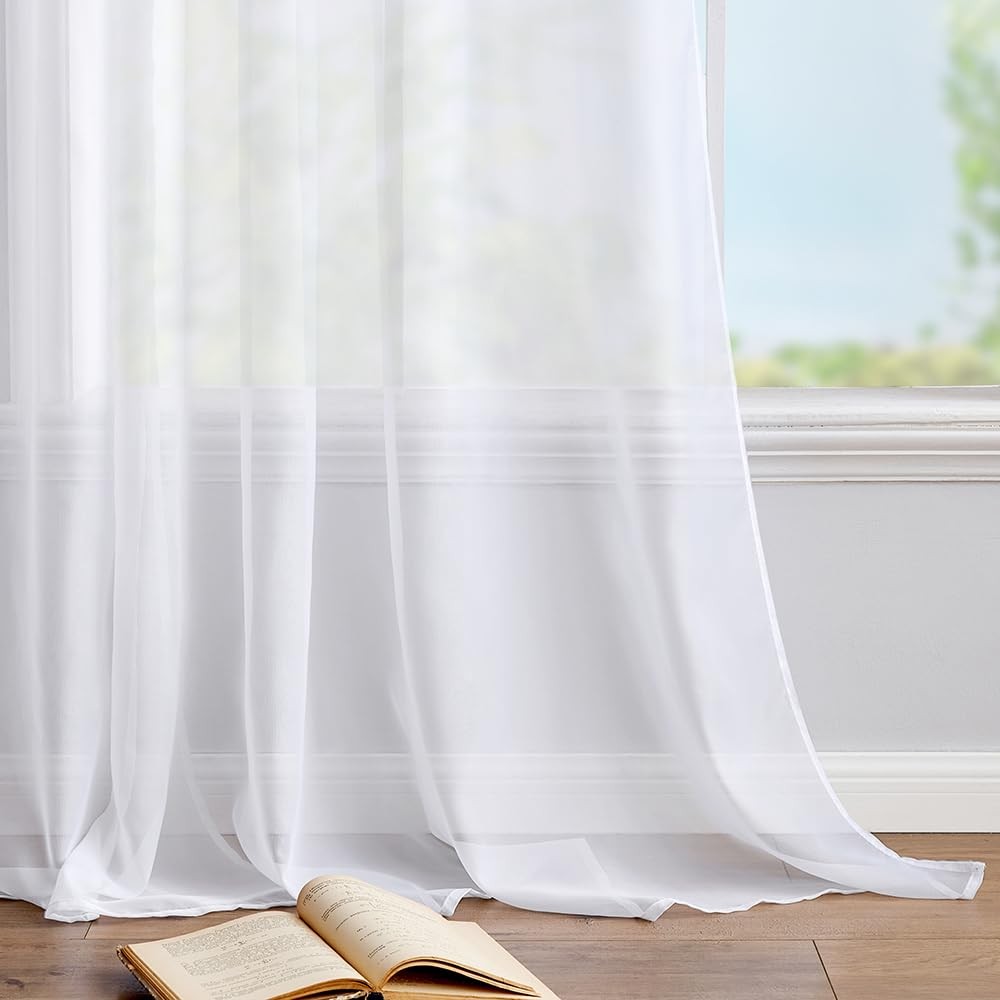 MIULEE 2 Panels Solid Color White Sheer 54″W x 120″L (Pack of 2),