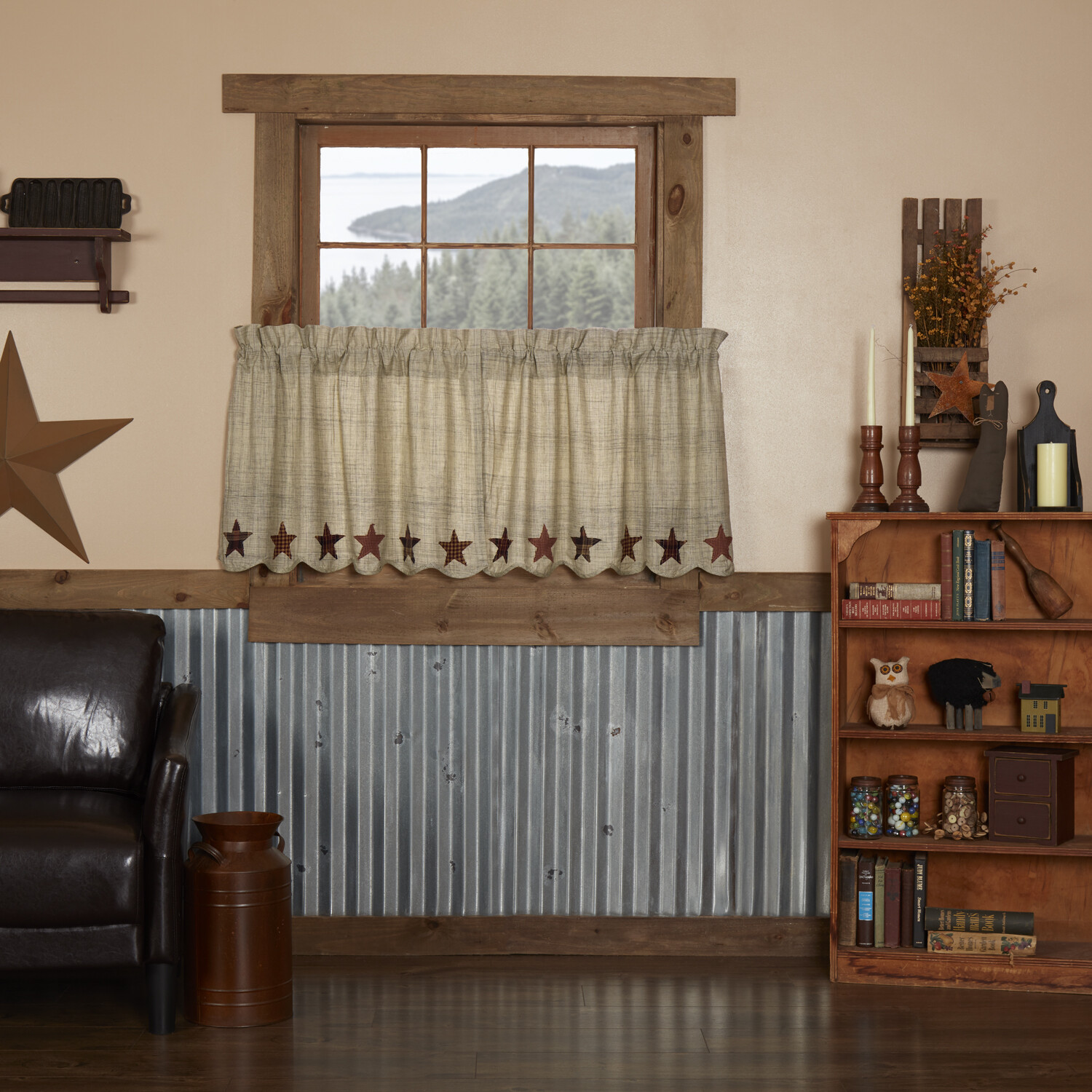 ABILENE STAR LINED WINDOW TIERS 24X36″ SET OF 2 CREME/DARK GREY ~ STARS BORDER