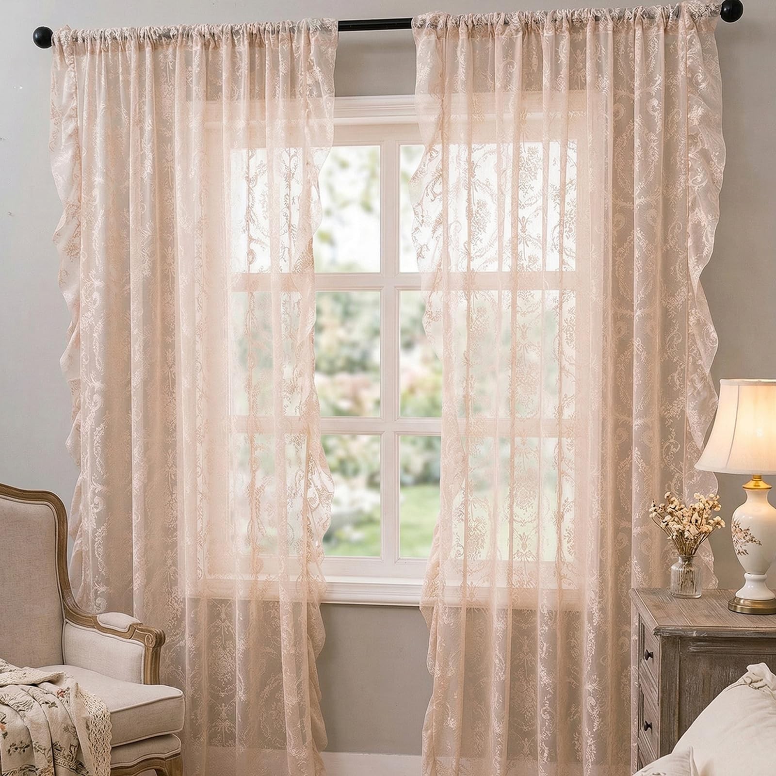 French Ruffle Lace Curtain, Cream Beige Floral Crochet Sheer Panel, 55×84 Inc…